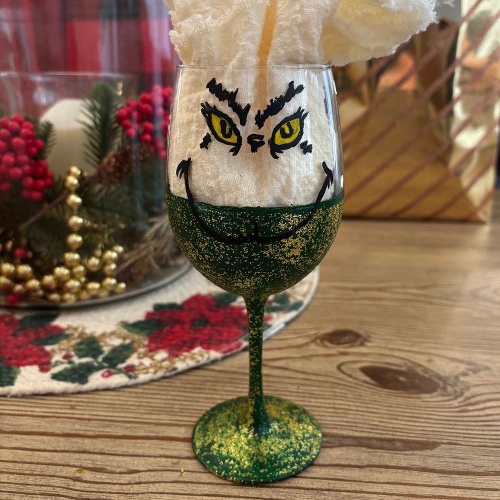 Hand Painted Grinch Wine Glass